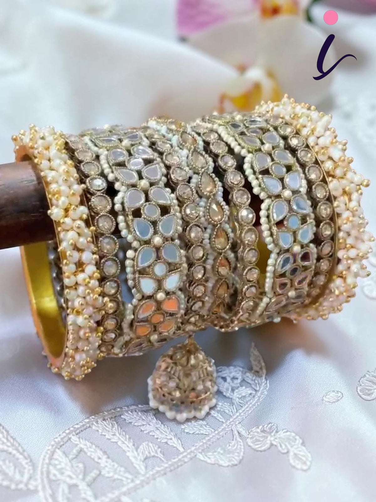 Golden Stone Mirror Pearl Indian Bangles with Jhumki | Set of 2 Traditional Designer Bridal & Festive Bangles for Women