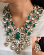 Traditional Multi Layered Silver Plated Polki Necklace Earring Indian Jewelry Set