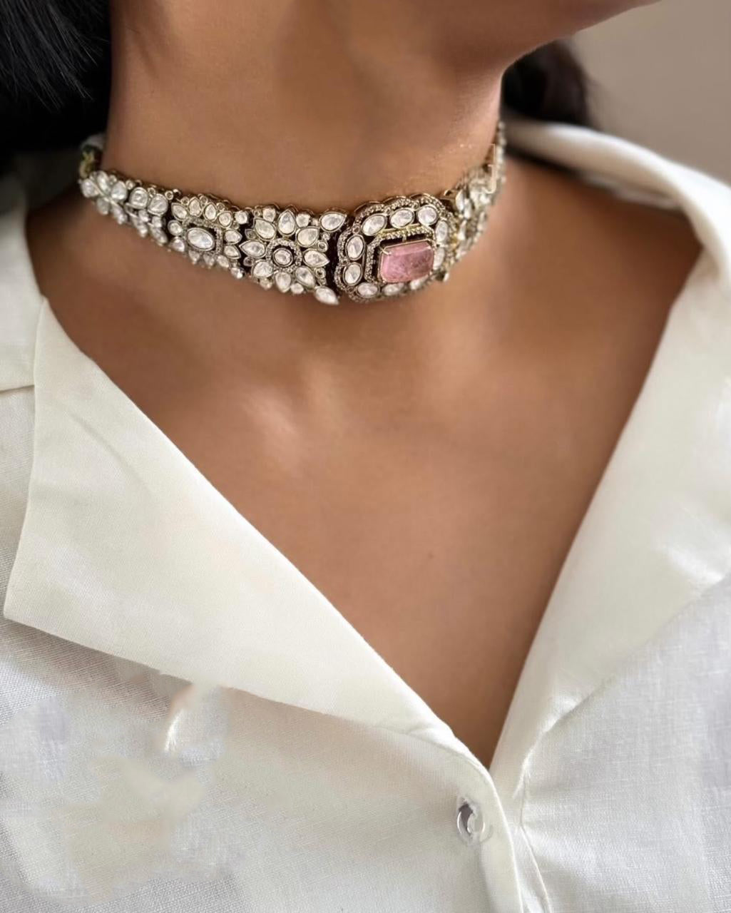 Pakistani Flower Design Polki Wedding Choker Earring Set