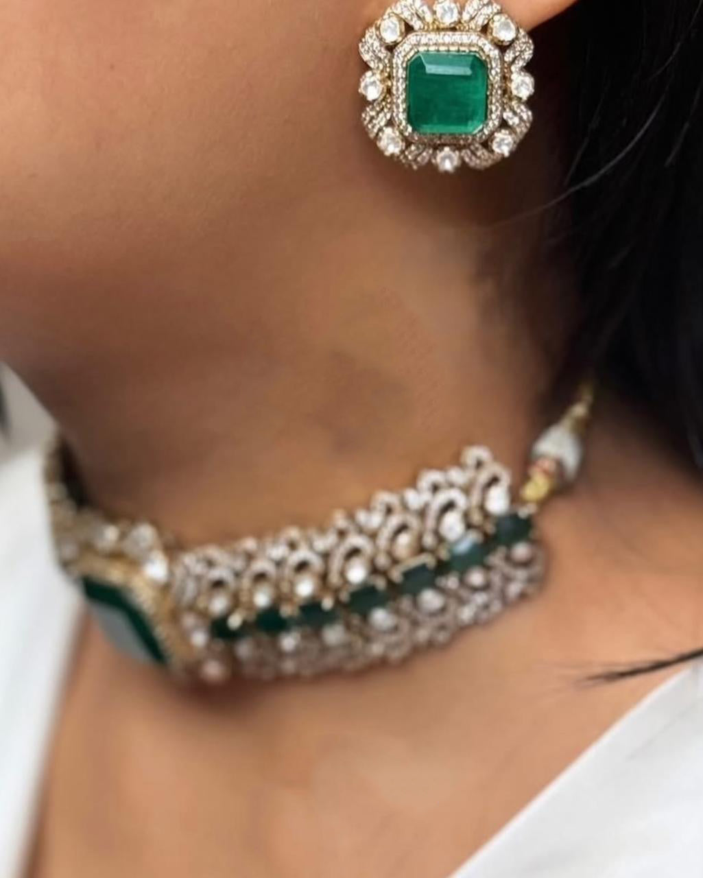 Green Wedding Gold Plated Polki Choker Earring Set For Women