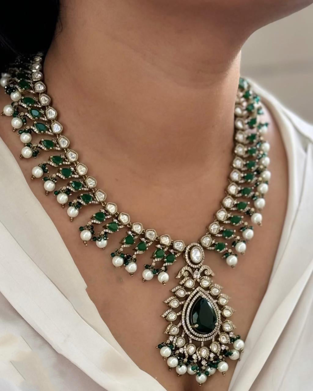 Wedding Statement Floral Polki Necklace Earring Set For Women