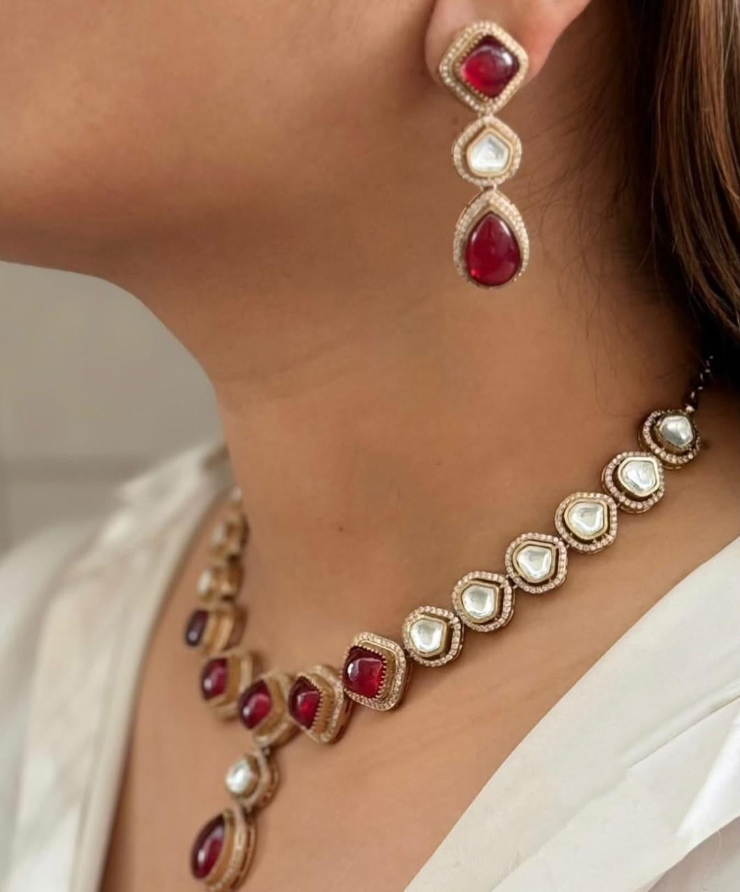 Pakistani Teardrop Wedding Polki Necklace Earring Set