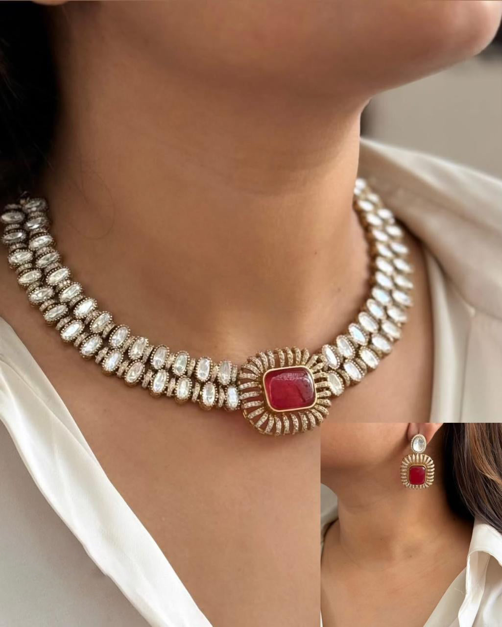 Stylish Square Shaped Stone Polki Choker Earring Indian Jewelry Set