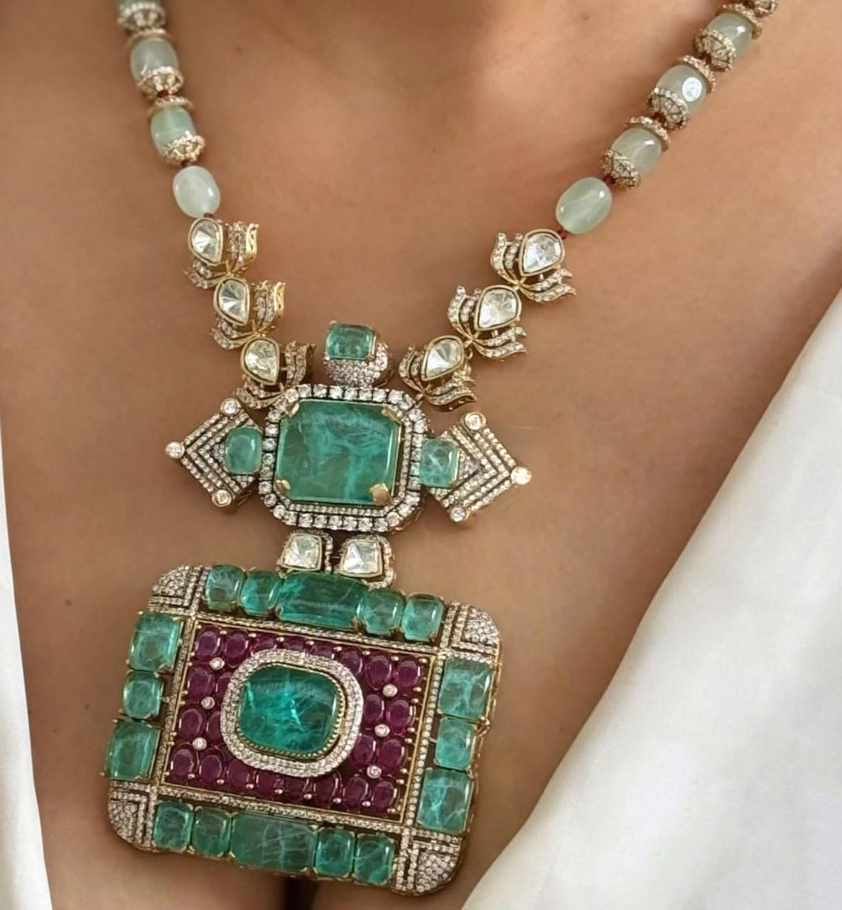 Indian Royal Squaral Mint Polki Necklace Earring Set For Wedding