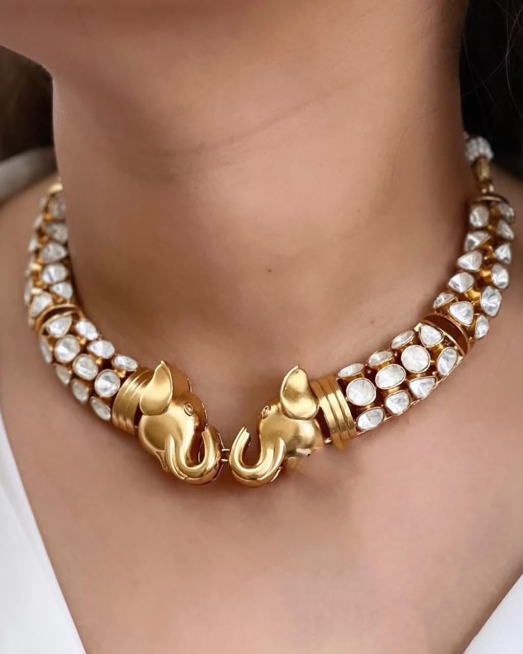 Indian Elephant Design Gold Plated Polki Choker Earring Set For Wedding