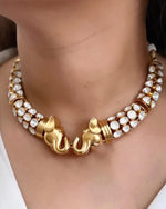 Indian Elephant Design Gold Plated Polki Choker Earring Set For Wedding