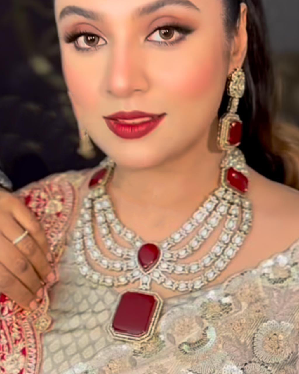 Multi Layered Silver Tone Polki Indian Necklace Earring Set