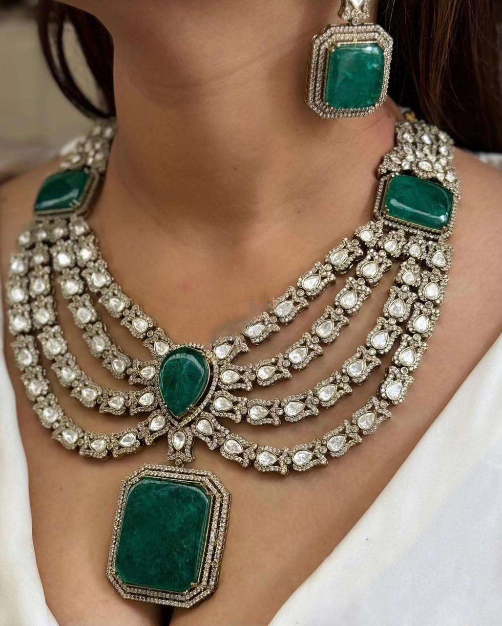 Multi Layered Silver Tone Polki Indian Necklace Earring Set