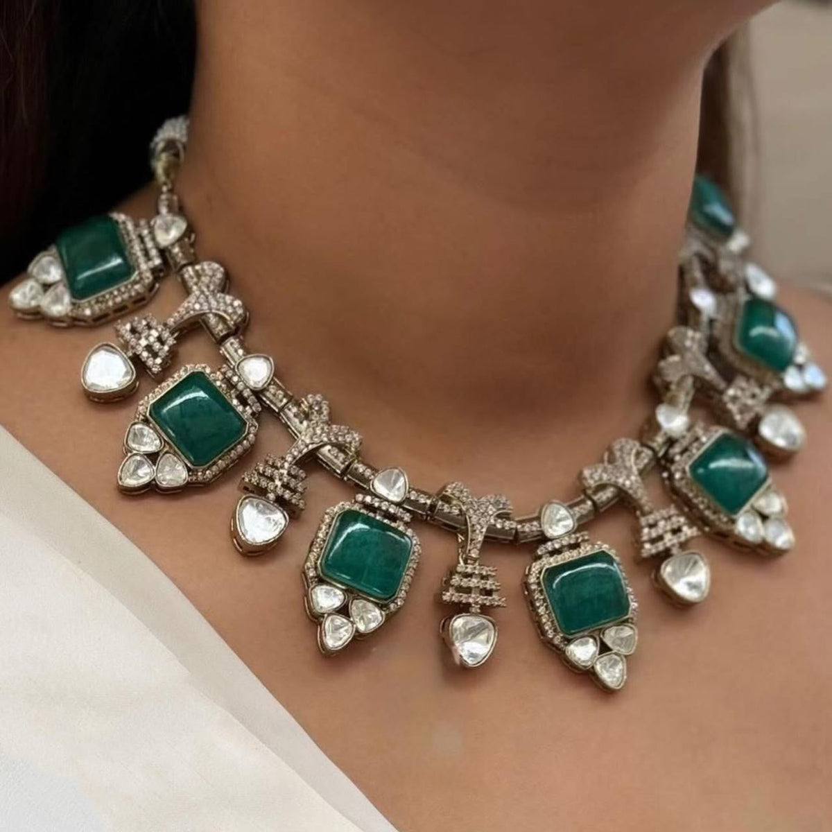 Handcrafted Indian Traditional Polki Choker Earring Set For Wedding