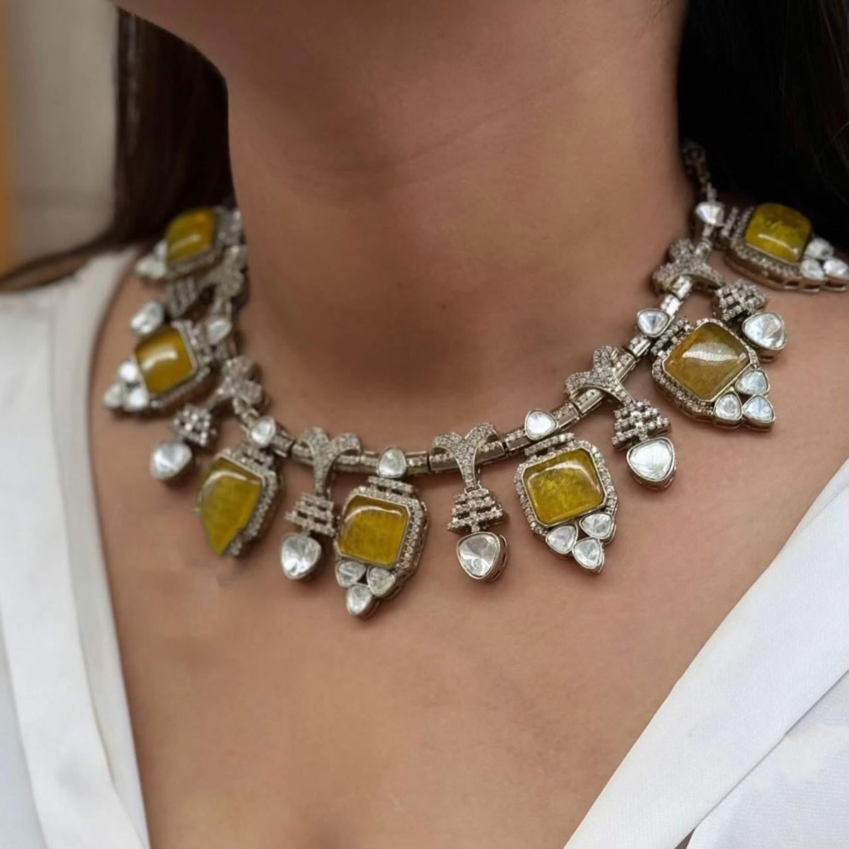 Handcrafted Indian Traditional Polki Choker Earring Set For Wedding