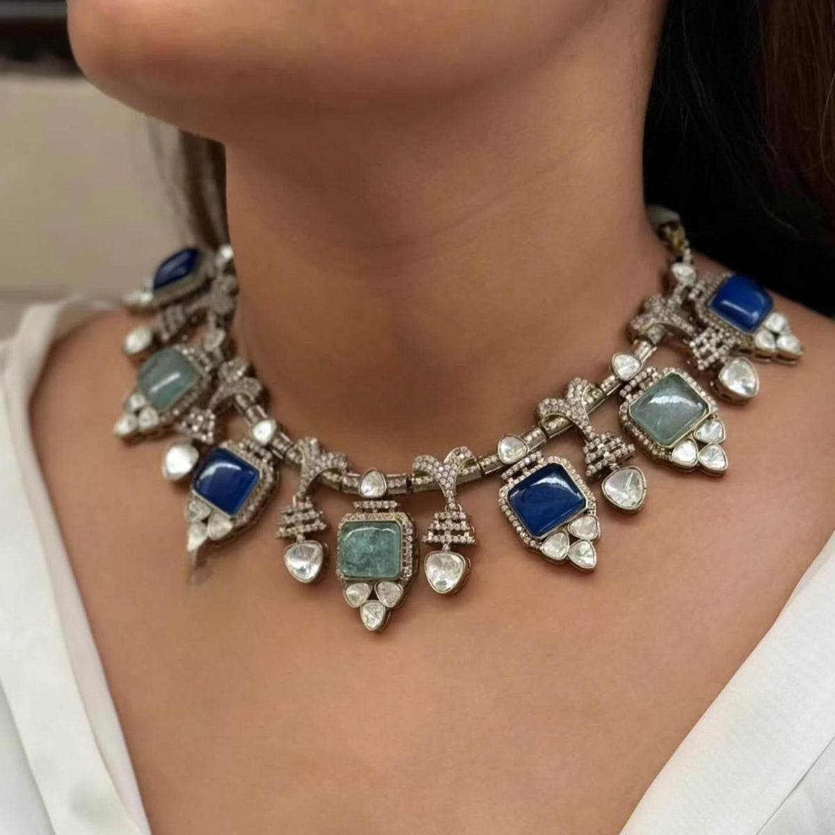 Handcrafted Indian Traditional Polki Choker Earring Set For Wedding