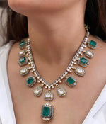 Green Squaral Shaped Indian Polki Necklace Earring Set For Women