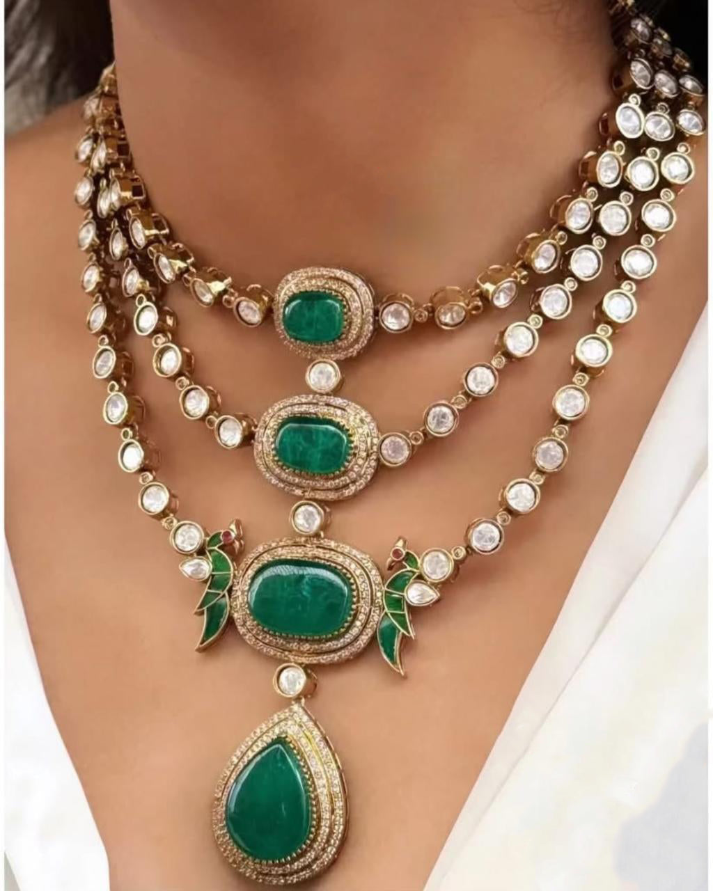 Green Jaipuri Multi Layered Gold Plated Polki Necklace Earring Set