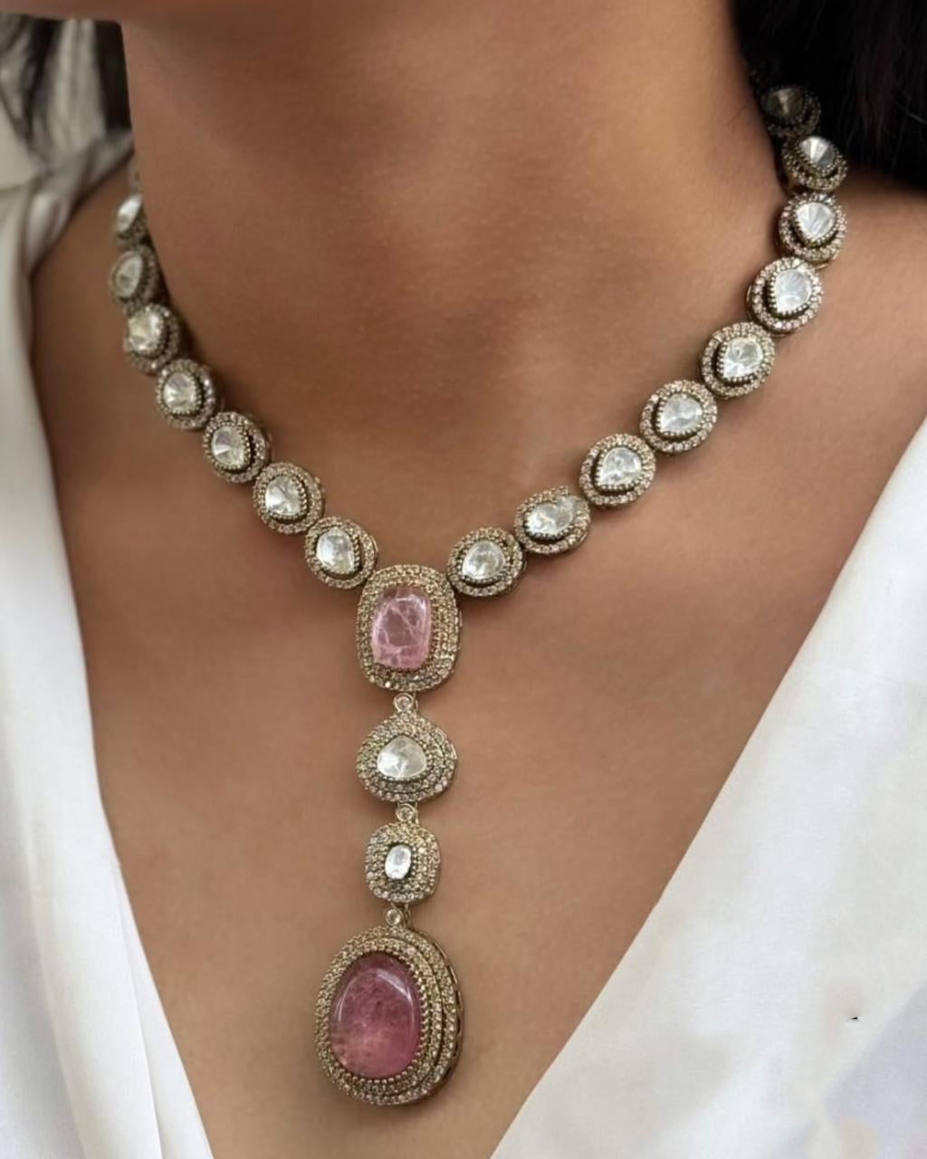 Pink Wedding Silver Tone Polki Necklace Earring Set For Women