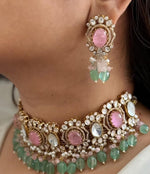 Pink Gold Plated Floral Polki Wedding Choker Earring Set