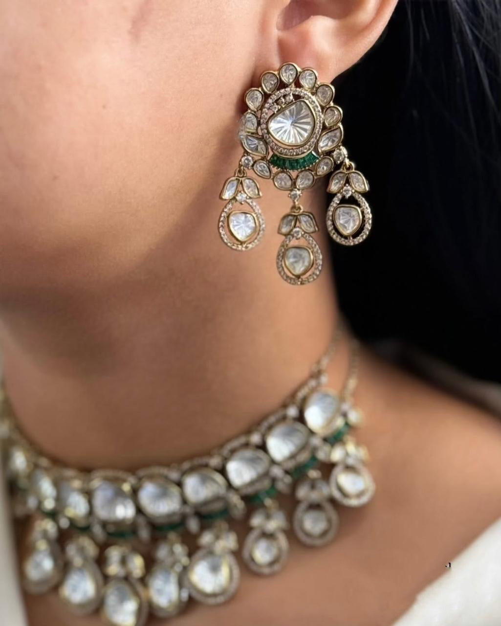 Wedding Silver Tone Floral Polki Choker Earring Set