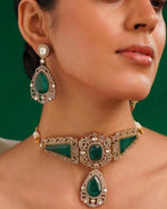 Bollywood Celebrity Inspired Green Polki Choker Earring Set