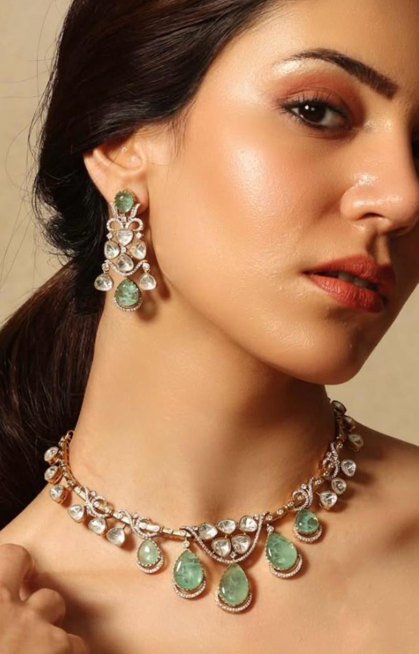 Mint Bollywood Actress Inspired Polki Wedding Choker Earring Set