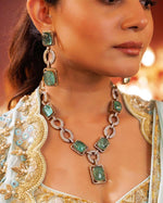 Mint Squaral Shaped Statemenr Polki Necklace Earring Set For Wedding
