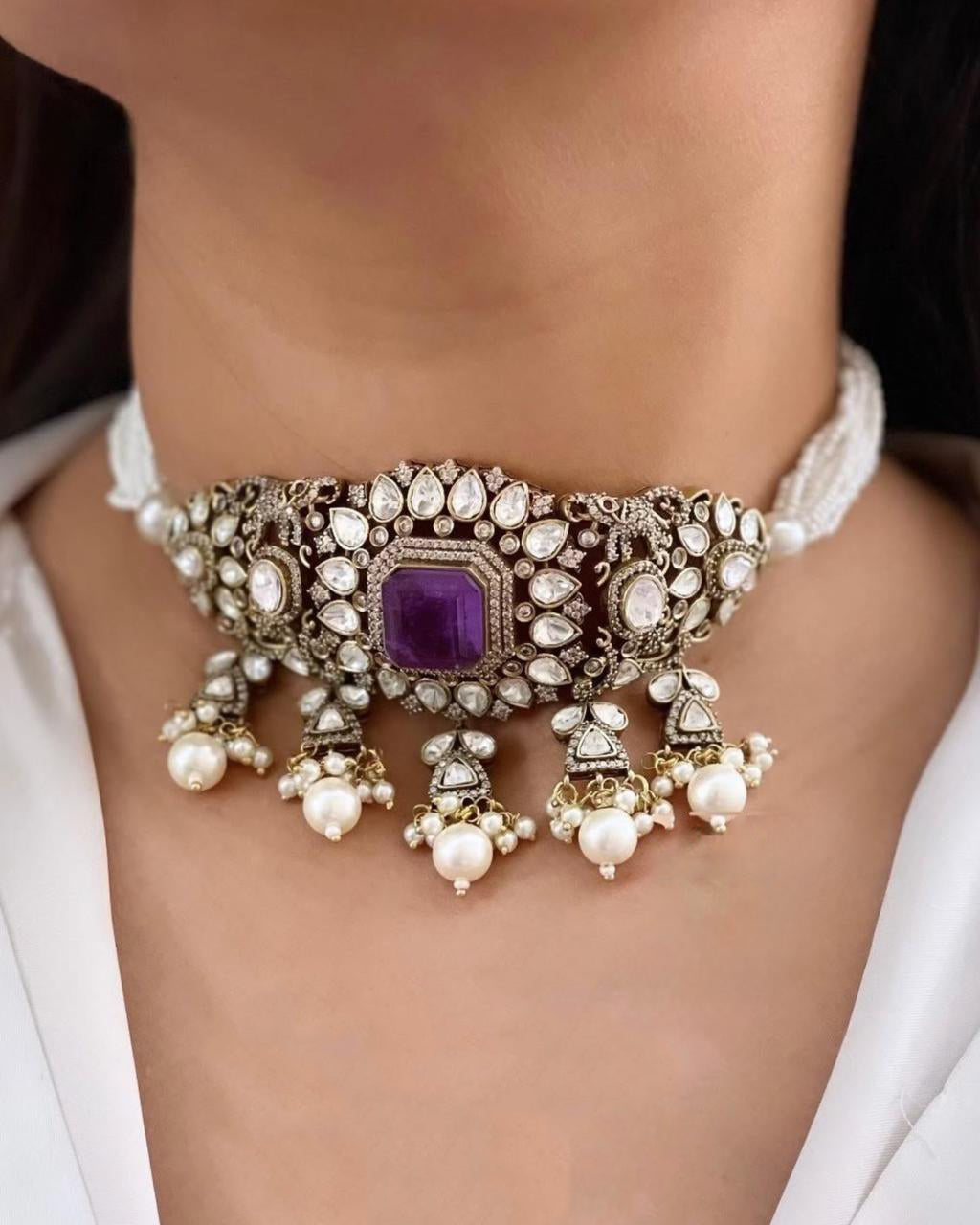 Pakistani Wedding Floral Design Polki Choker Earring Set For Women