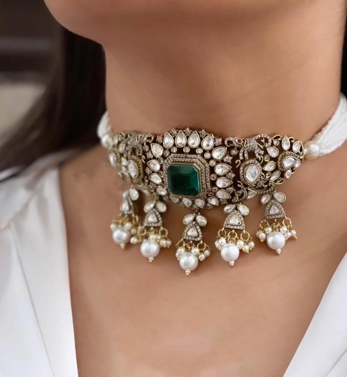 Pakistani Wedding Floral Design Polki Choker Earring Set For Women