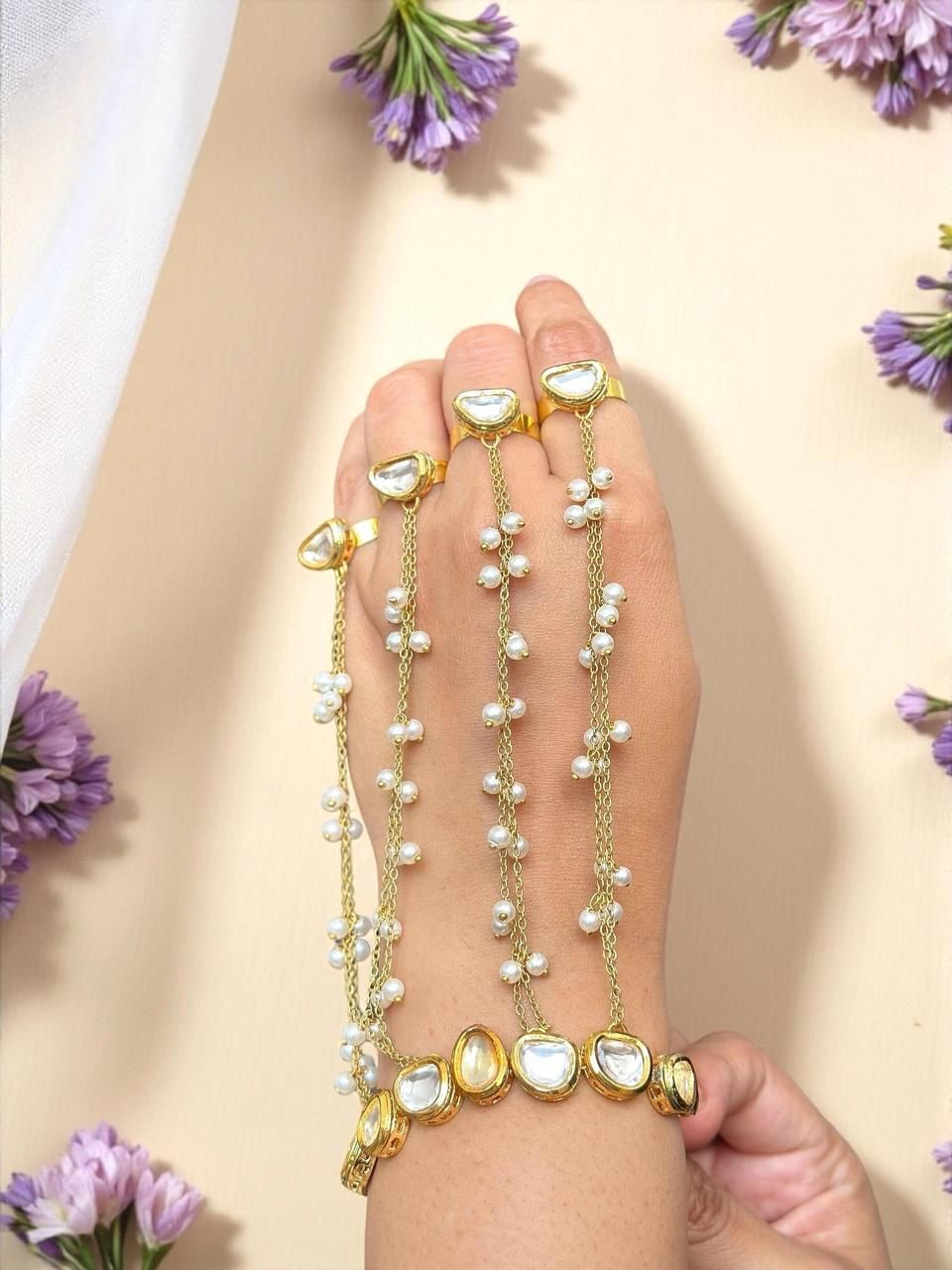 Kundan & Pearl Multi-Finger Hand Harness | Traditional Bridal Haathphool