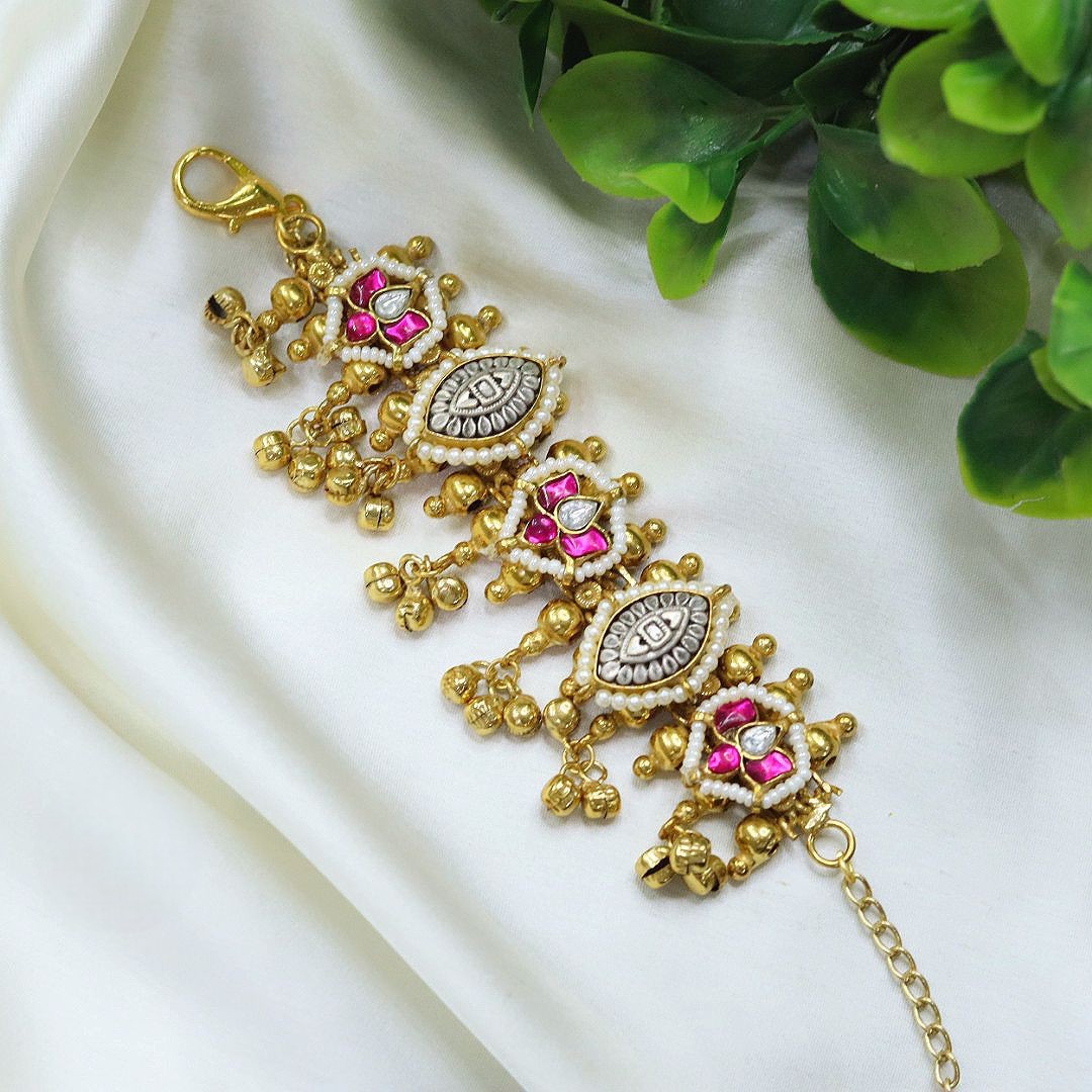 Traditional Gold Plated Bracelet with Kundan, Pearl & Pink Stone Detailing