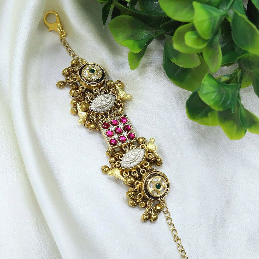 Traditional Gold Plated Bracelet with Kundan, Pearl & Pink Stone Detailing