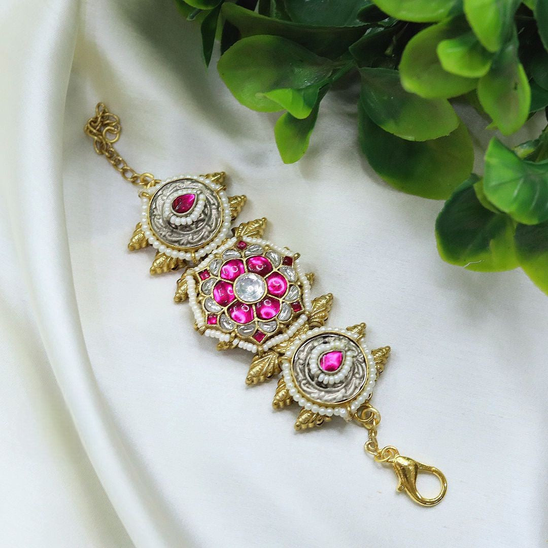 Traditional Gold Plated Bracelet with Kundan, Pearl & Pink Stone Detailing – Ethnic Jewelry