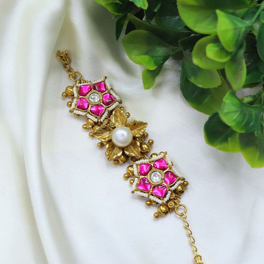 Flower Design Gold Plated Bracelet with Kundan, Pearl & Pink Stone Detailing – Ethnic Jewelry