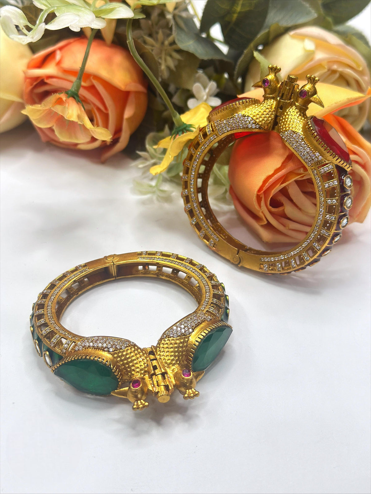 Antique Gold-Plated Peacock Kada Bangles with Red Stones & CZ – Bridal Temple Jewelry