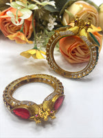 Antique Gold-Plated Peacock Kada Bangles with Red Stones & CZ – Bridal Temple Jewelry