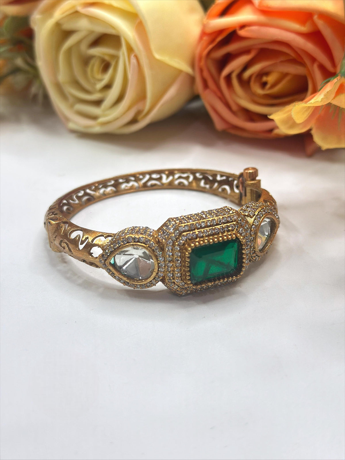 Antique Gold-Plated Bangle with Mint Green Stone & Kundan Detailing – Heritage Collection