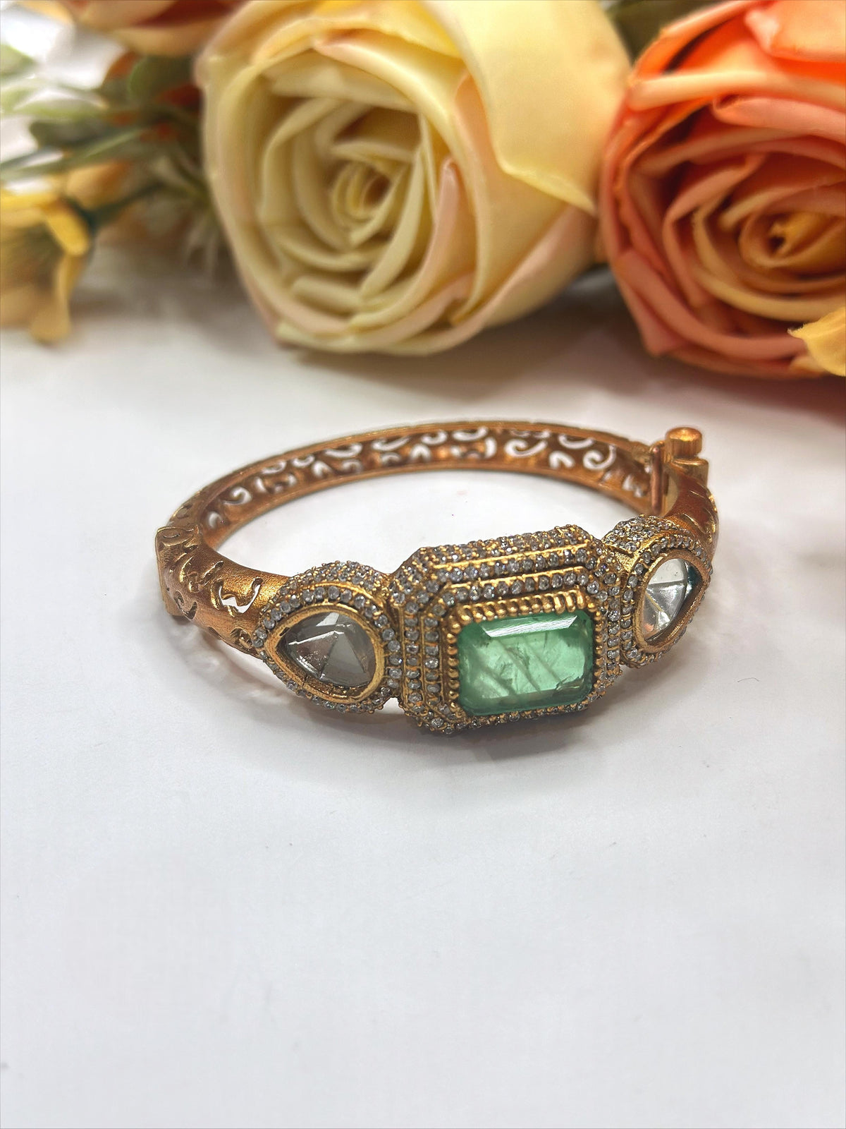 Antique Gold-Plated Bangle with Mint Green Stone & Kundan Detailing – Heritage Collection