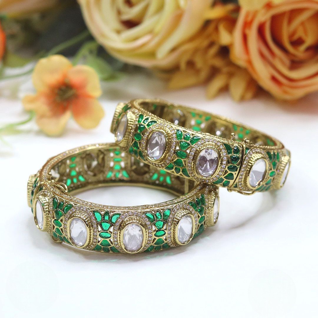 Openable Green Kundan Meenakari Bangles – Gold-Tone Bridal Jewelry Pair