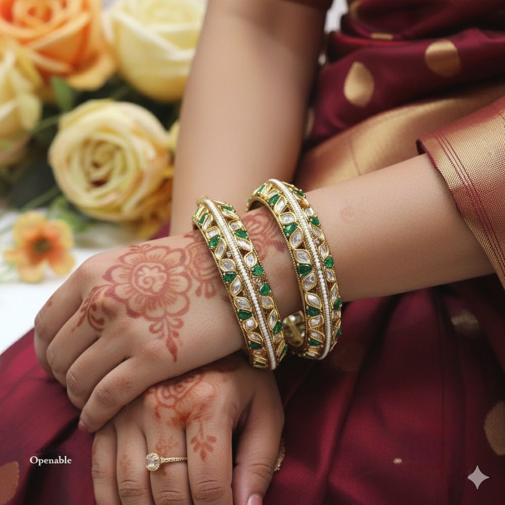 Openable Gold-Tone Kundan Bangles with Red Stone – Bridal & Festive Jewelry Pair