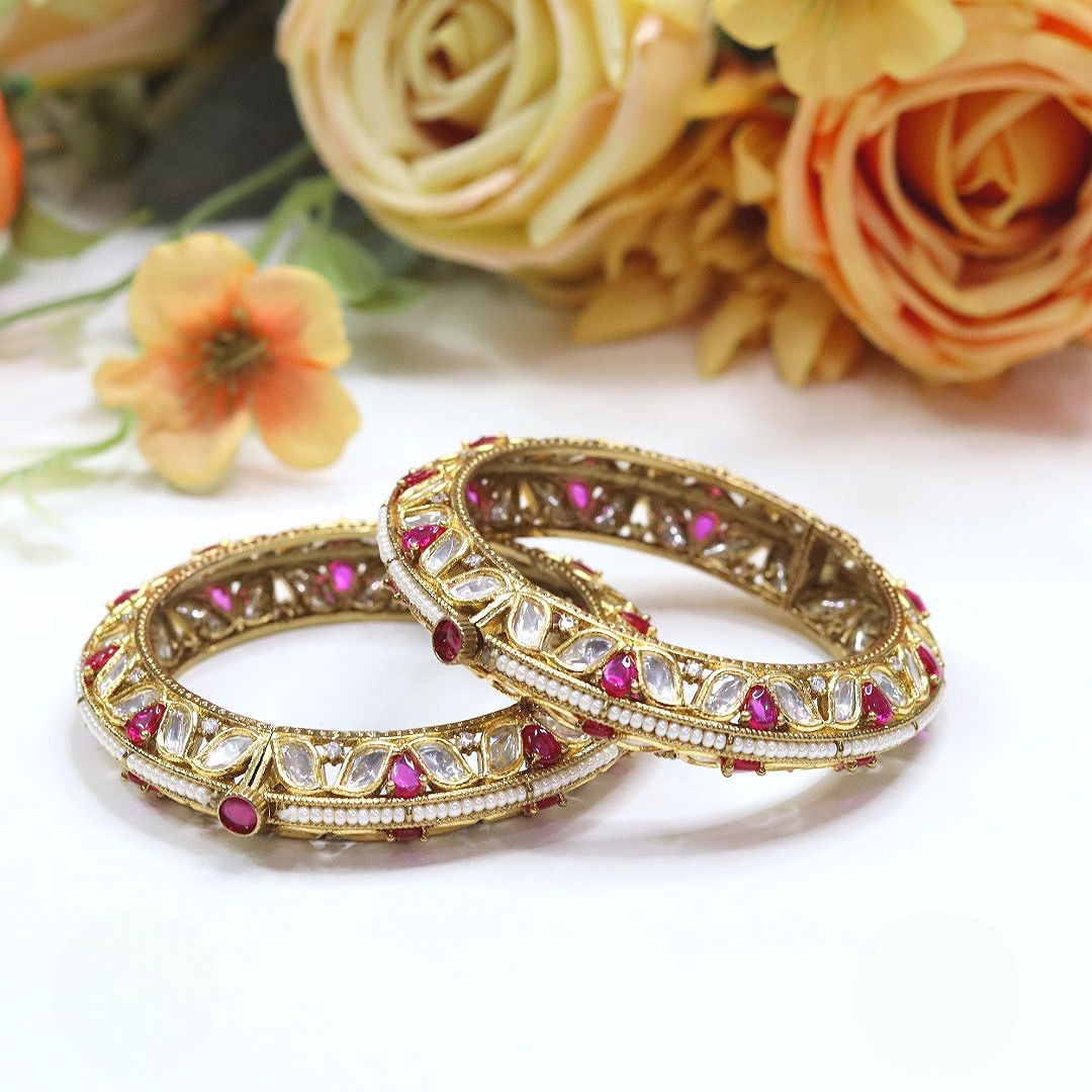 Openable Gold-Tone Kundan Bangles with Red Stone – Bridal & Festive Jewelry Pair
