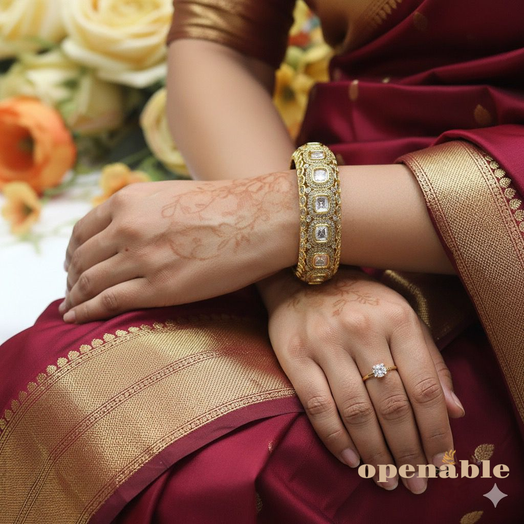 Openable Kundan Gold-Tone Bangles with White Stone Accents – Bridal Jewelry Pair