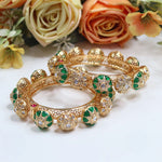 Openable Exquisite Gold-Plated Kundan & Green Meenakari Bangle Set (Pair)