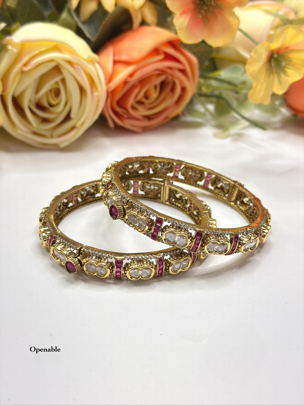 Openable Polki Style Gold-Toned Bangle Kada Set with Ruby and Emerald Accents