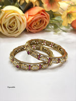 Openable Polki Style Gold-Toned Bangle Kada Set with Ruby and Emerald Accents