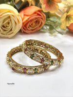 Openable Polki Style Gold-Toned Bangle Kada Set with Ruby and Emerald Accents