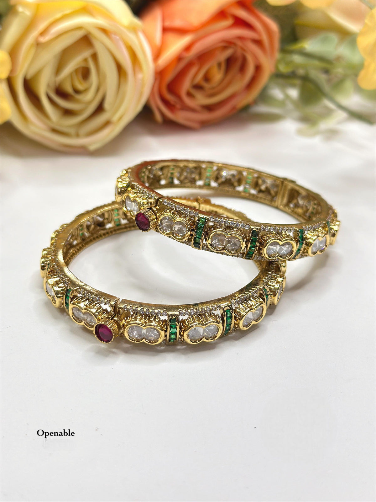 Openable Polki Style Gold-Toned Bangle Kada Set with Ruby and Emerald Accents