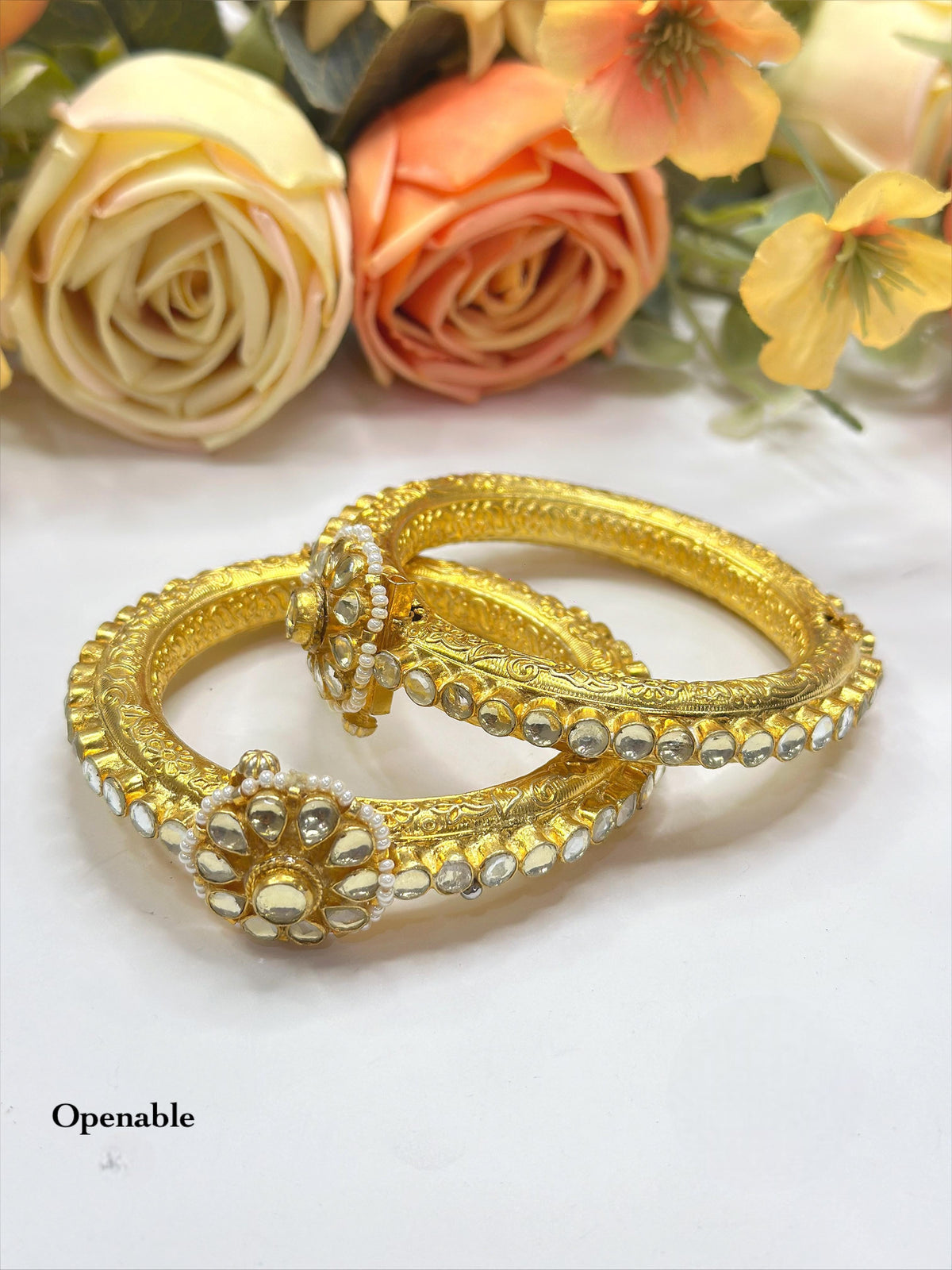 Openable Antique Gold-Toned Bangle Set with Polki Floral Motif and Pearl Accents