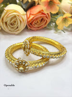 Openable Antique Gold-Toned Bangle Set with Polki Floral Motif and Pearl Accents
