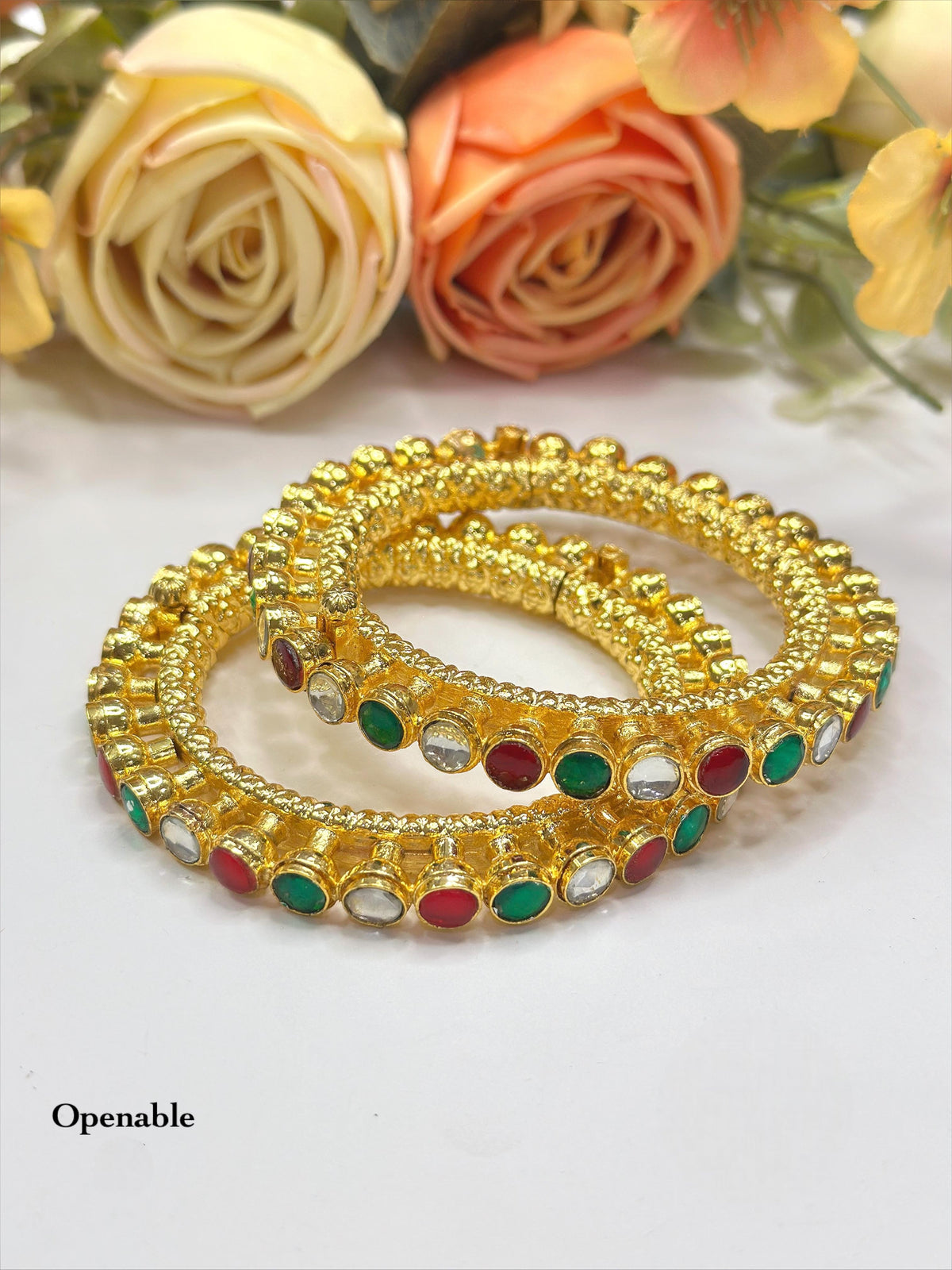 Openable Gold-Toned Textured Bangle Set with Multi-Color Polki Style Stones