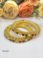 Openable Gold-Toned Textured Bangle Set with Multi-Color Polki Style Stones