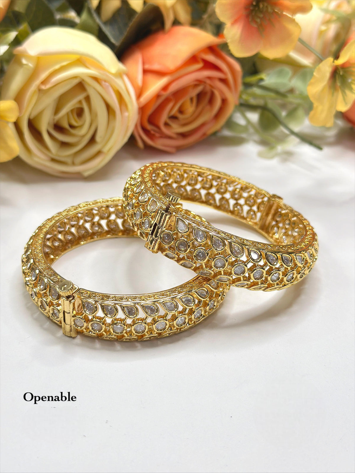 Dazzling Full-Stone Polki Openable Bangles (Gold Tone)