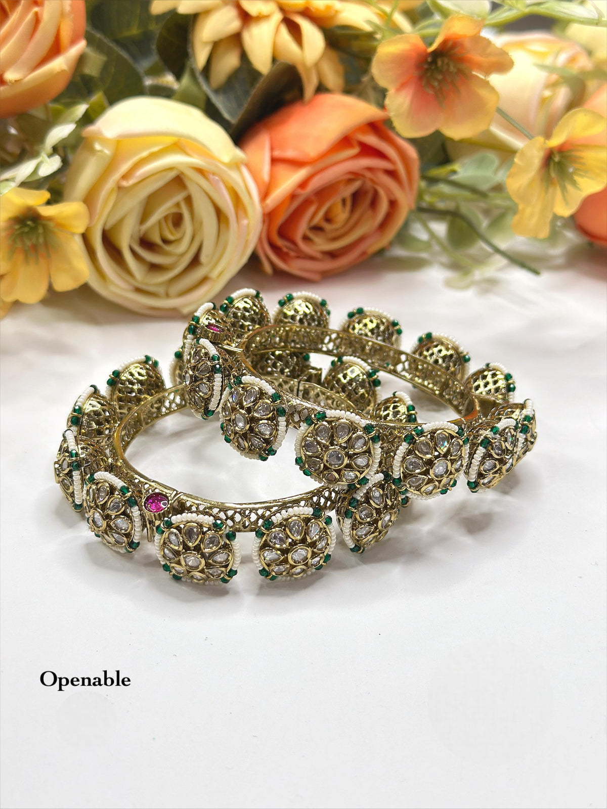 Antique Gold-Toned Cluster Openable Bangle Set with Polki, Ruby, Emerald, and Pearls