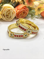 Openable Gold-Toned Kada Bangle Set with Red Stone, Pearl, and Polki Accents